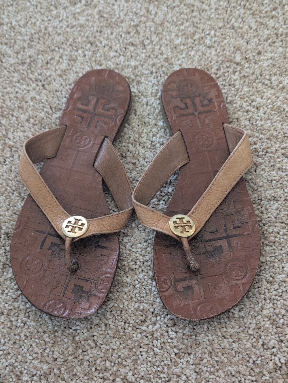 Tory Burch Tan and Brown Leather Logo Flip Flops with Gold Medallions